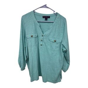 Gloria Vanderbilt Women's Aqua Roll Tab Sleeve Henley Top Size XXL